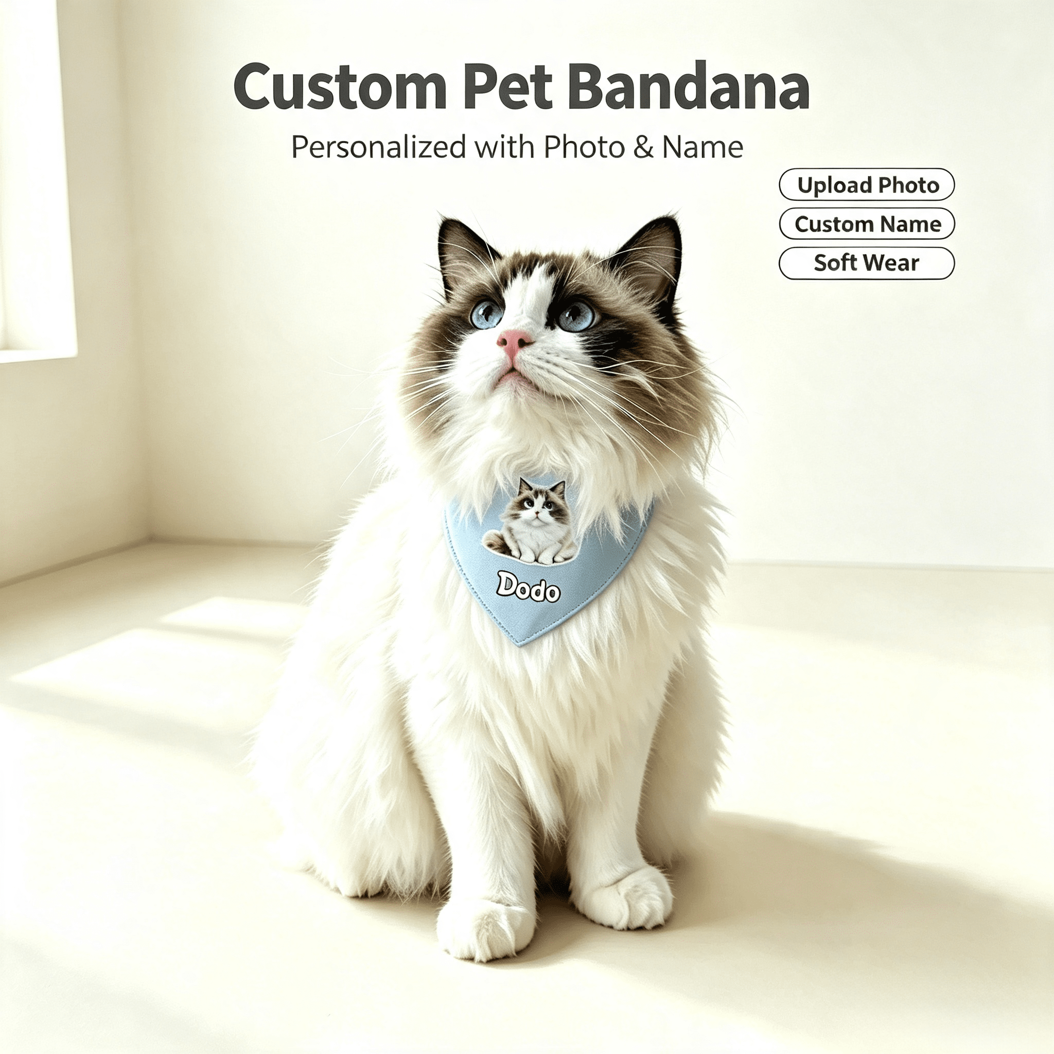 Personalized Cat/Small Dog Bandana Custom Pet Photo Name Printed Adjustable Neckwear For Daily Wear