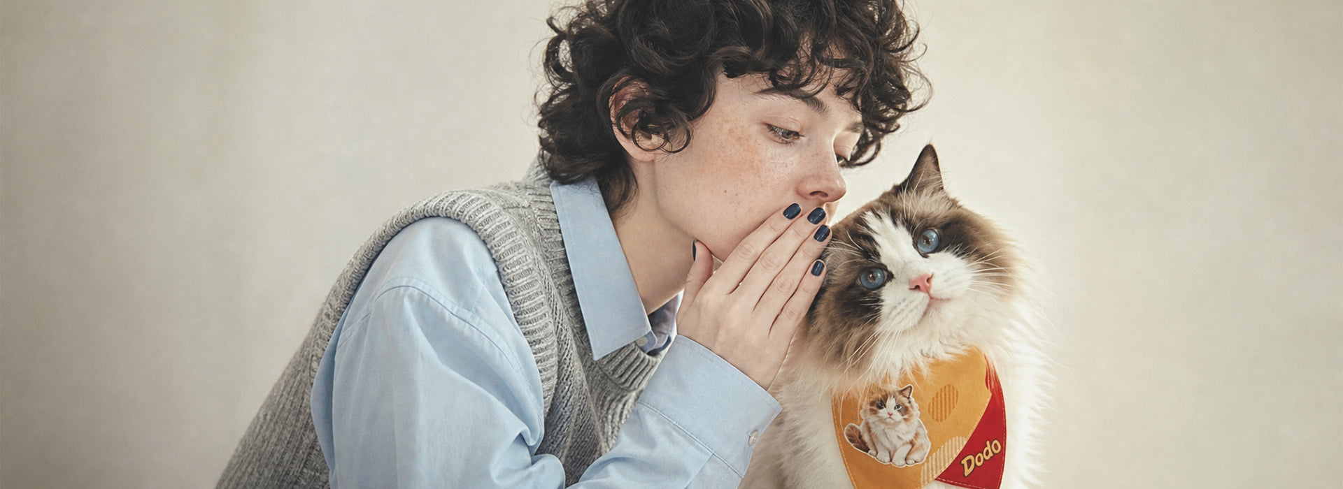 pet owner with ragdoll cat in custom photo bandana bib
